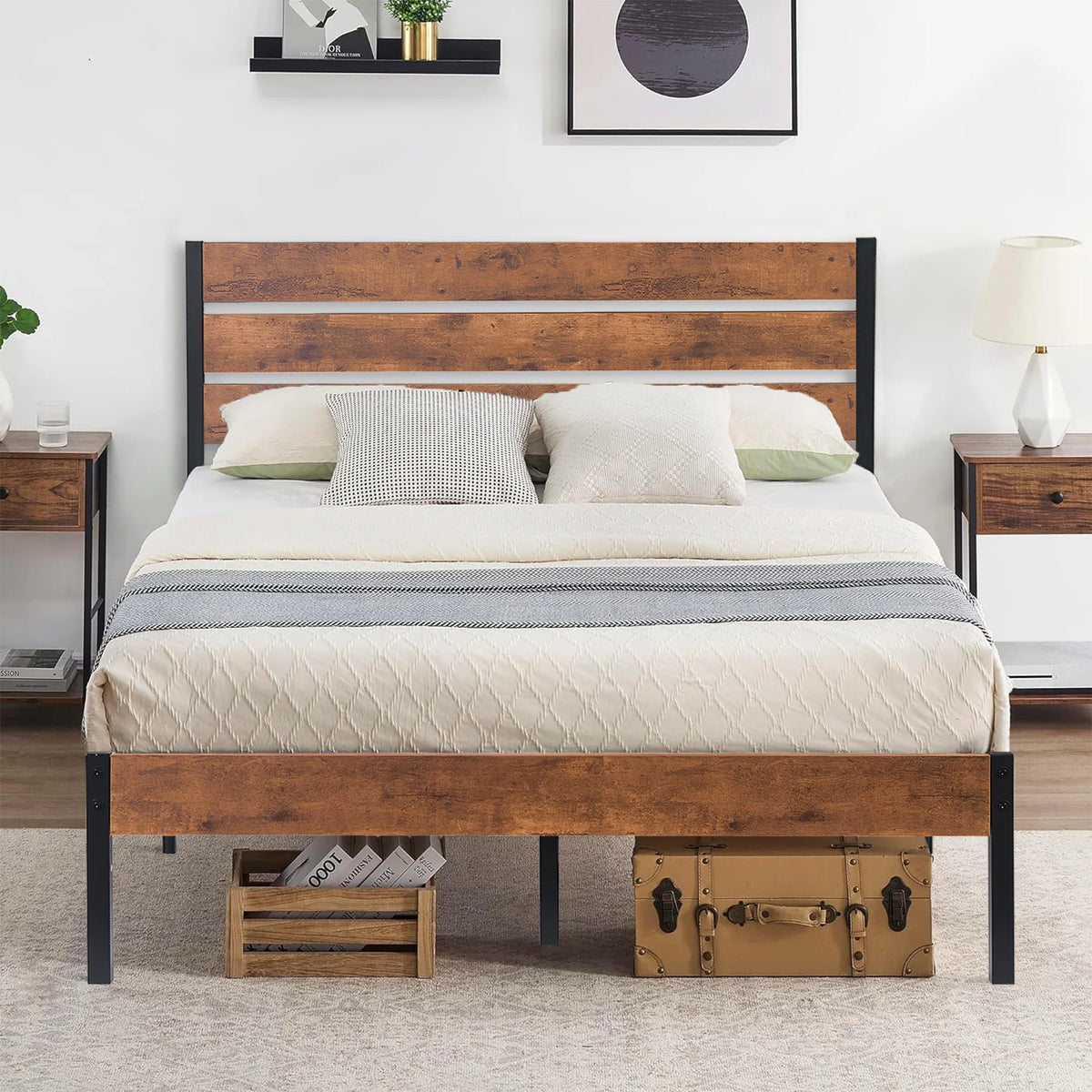 Queen Bed Frame with Wooden Headboard and Metal Slats T38054