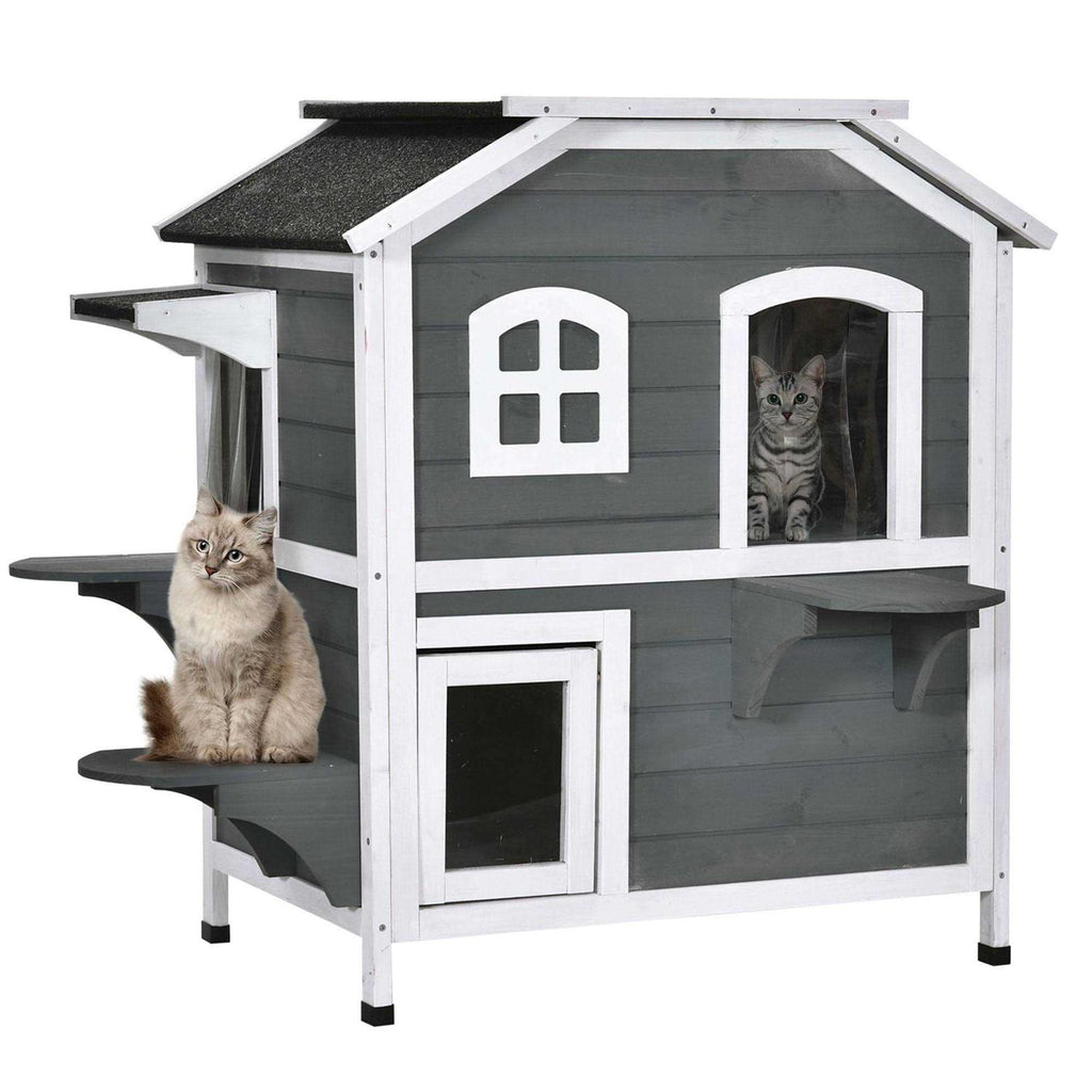Wooden 2-Story Outdoor Cat House with Escape Door A154