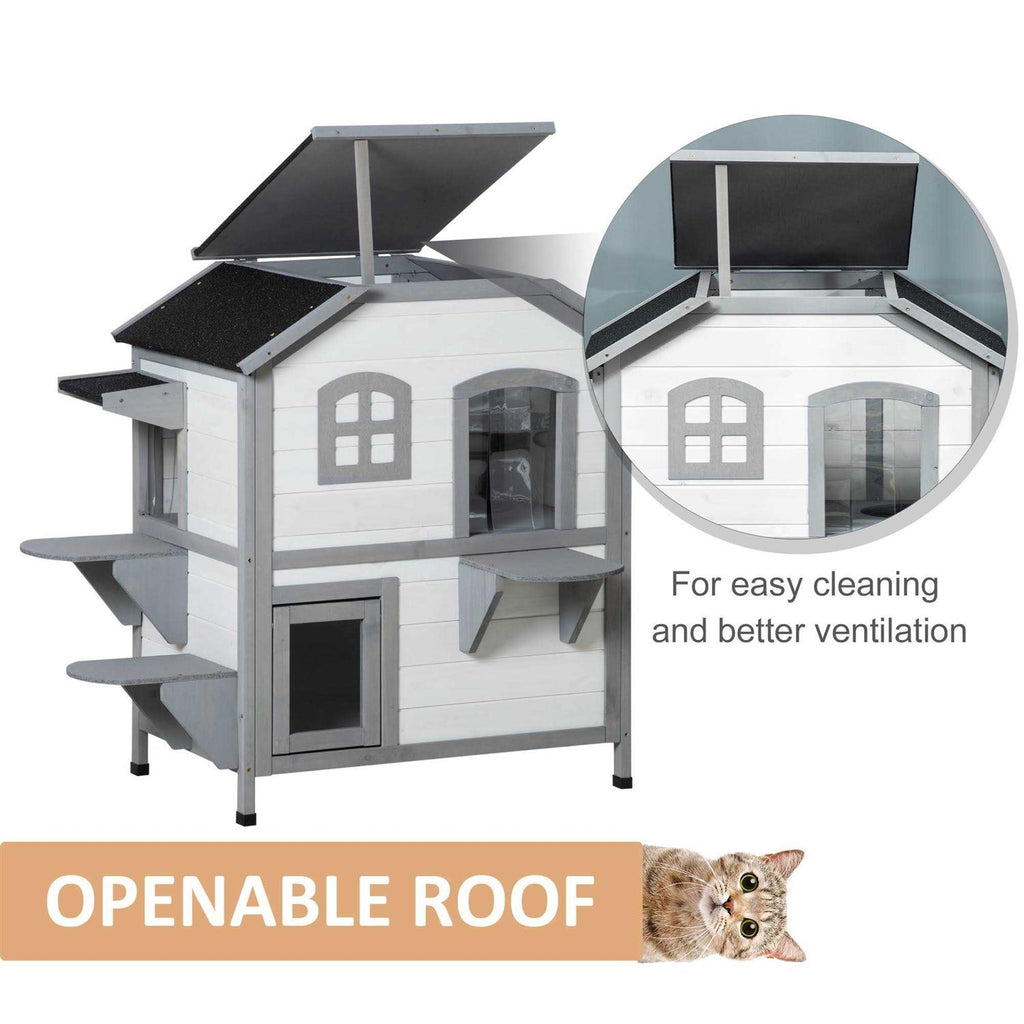 Wooden 2-Story Outdoor Cat House with Escape Door A154
