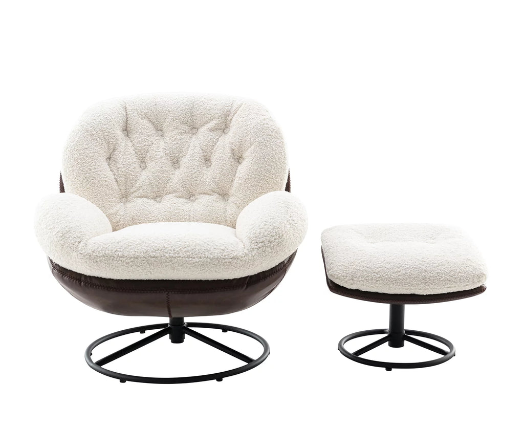 White Faux Fur Swivel Accent Chair with Ottoman O8380