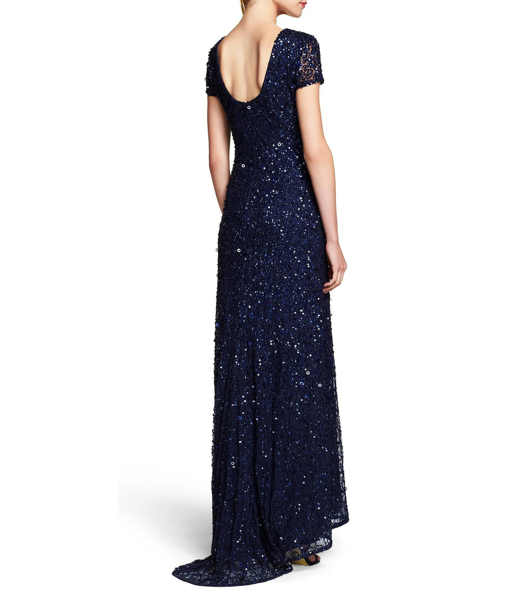 Navy Scoop Back Sequin Gown D291943