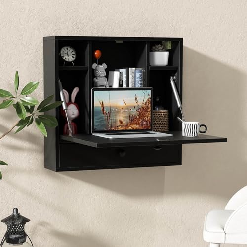 White Wall Mounted Desk with Storage Drawer and Shelves W540927