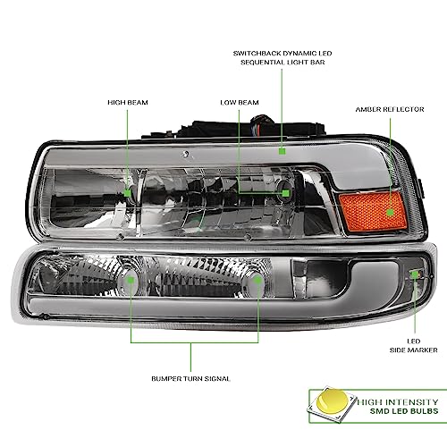 Compatible With Chevy Silverado Suburban Tahoe LED Strip Bar Black Housing Headlights With Signal Bumper Lamps Amber Reflector 4-Pieces C668358