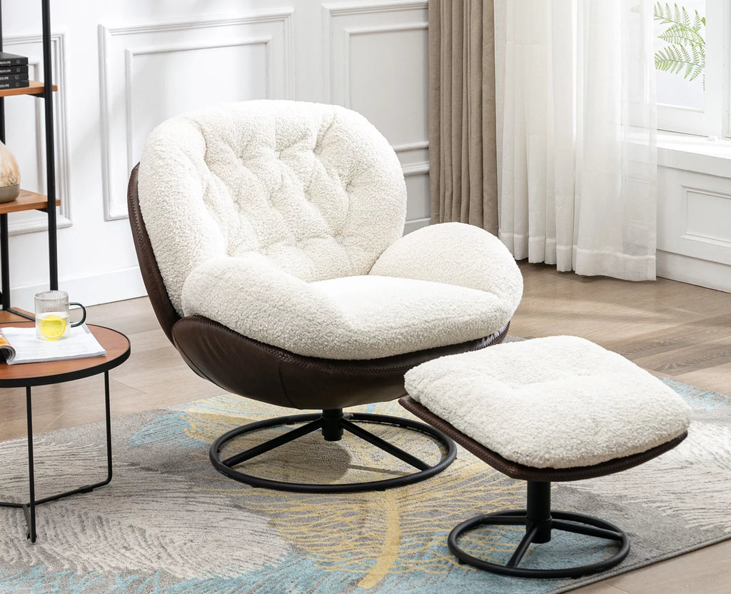 White Faux Fur Swivel Accent Chair with Ottoman O8380