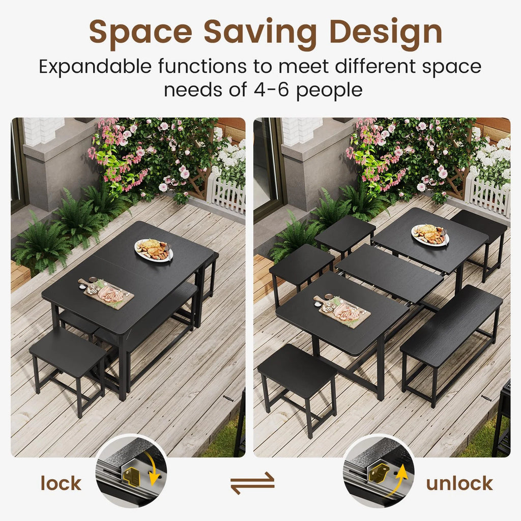 63" Extendable Dining Table Set with Bench and 4 Stools Black Metal Frame H8835