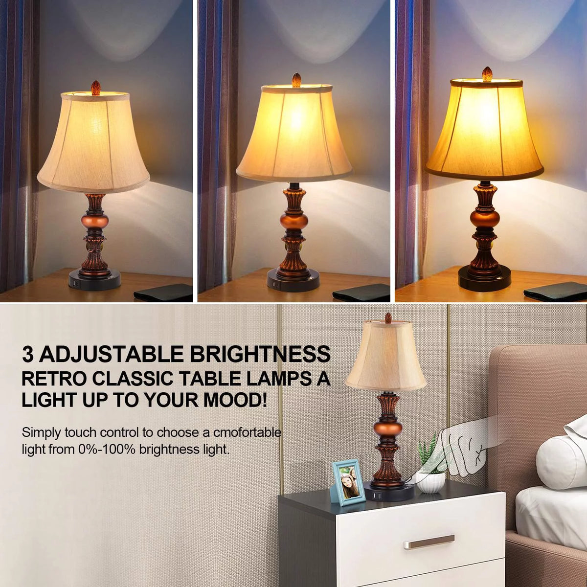 Set of 2 Touch Control 3-Way Dimmable Table Lamps with USB Ports U217
