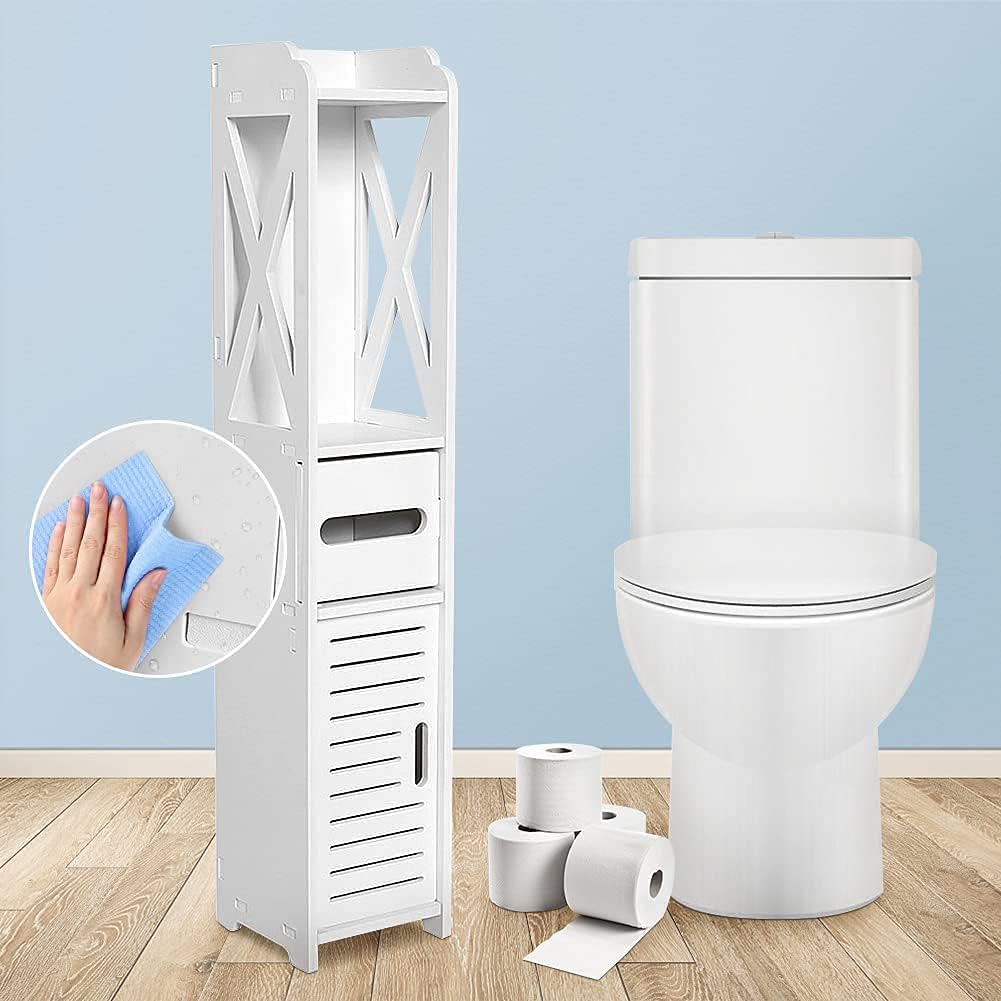 White Bathroom Floor Cabinet Storage Organizer, 31.5 x 6.1 x 5.9 inch R173