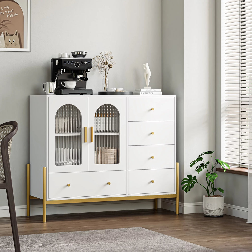 White 5 Drawer Dresser with Glass Door S245