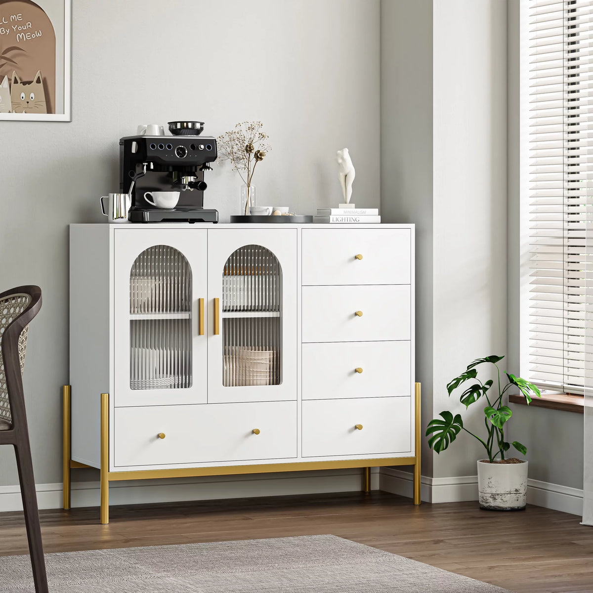 White 5 Drawer Dresser with Glass Door S245