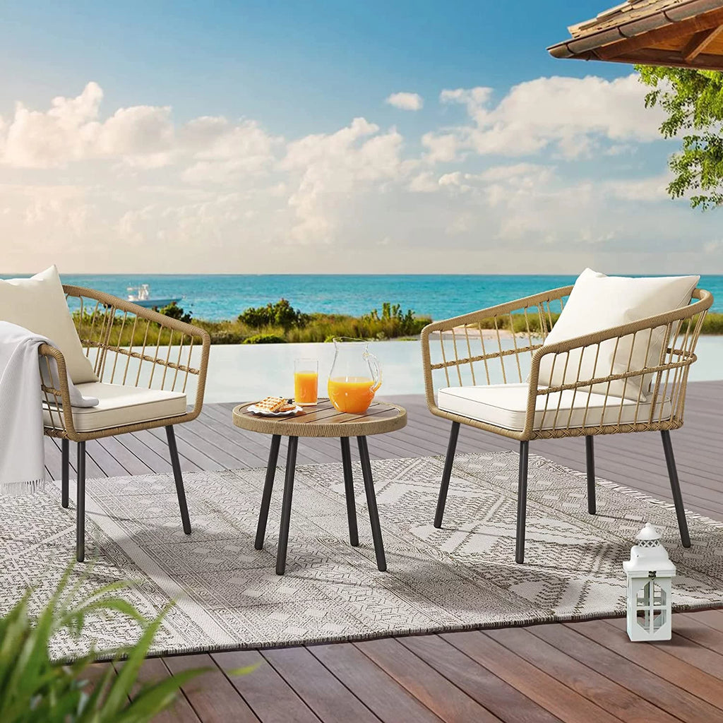 3 Pieces Beige Wicker Patio Conversation Chair Set with Cushions and Coffee Table L201