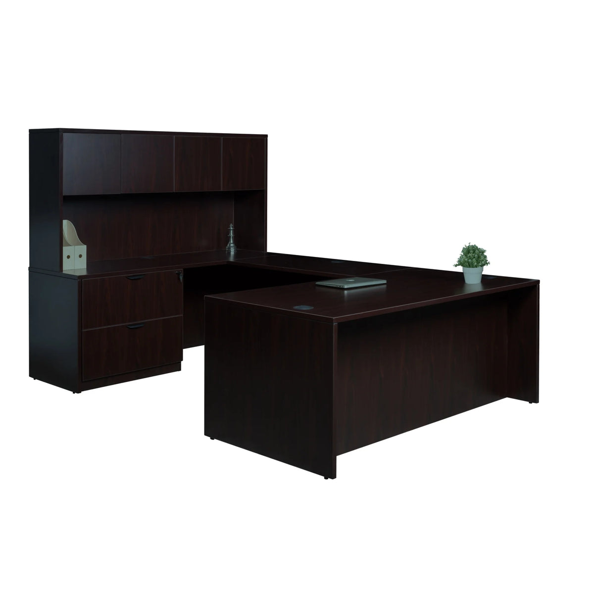 Mocha 66 inch U-Shape Desk with File Storage and Hutch V31321