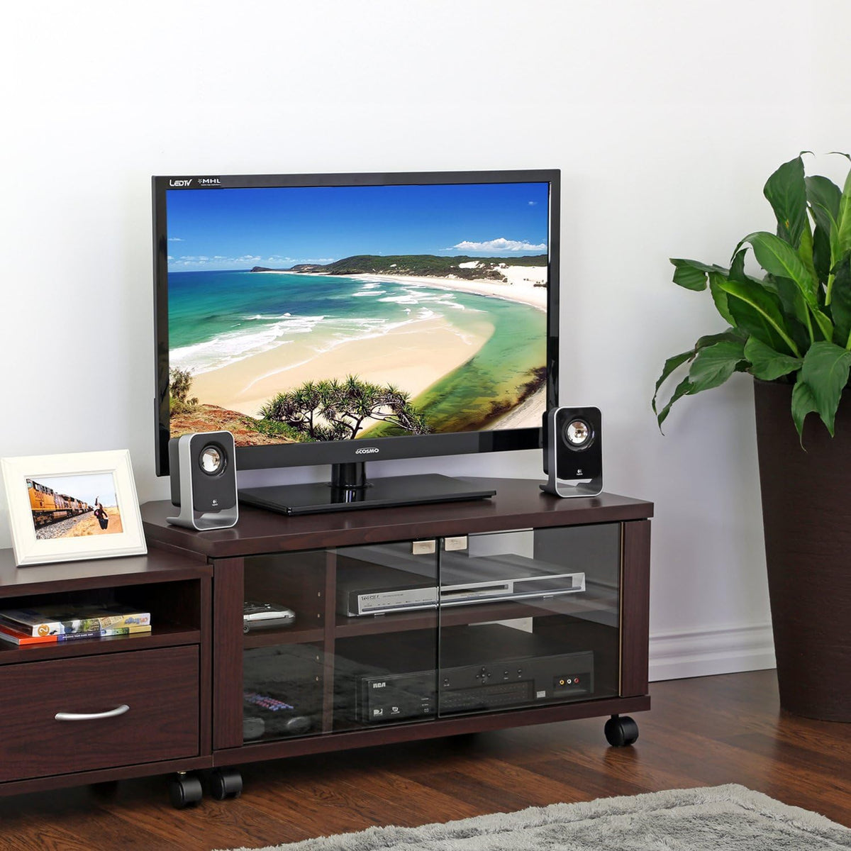 Espresso TV Stand with Double Glass Doors Q5898