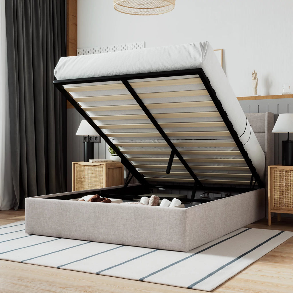 Beige Queen Size Lift Up Platform Bed Frame with Headboard B619932