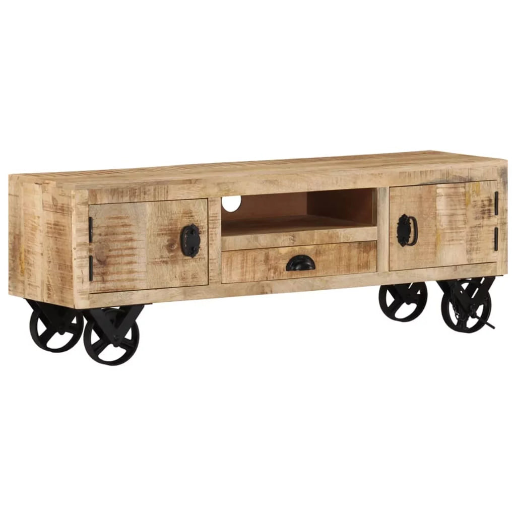 Rough Mango Wood Wheeled TV Stand with 2 Doors H757528