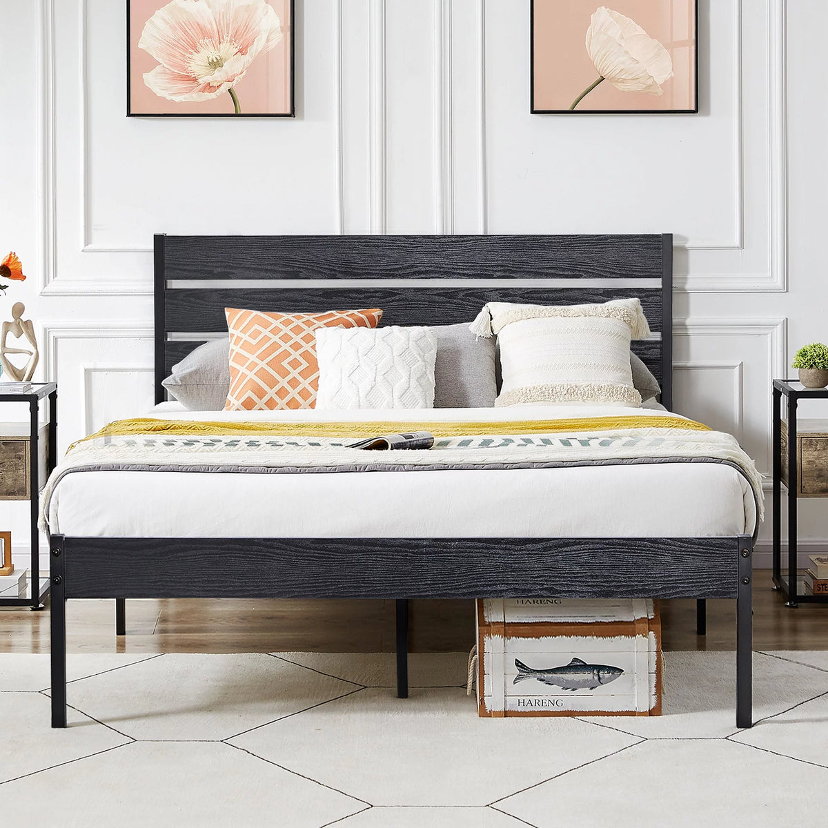 Queen Bed Frame with Wooden Headboard and Metal Slats T38054