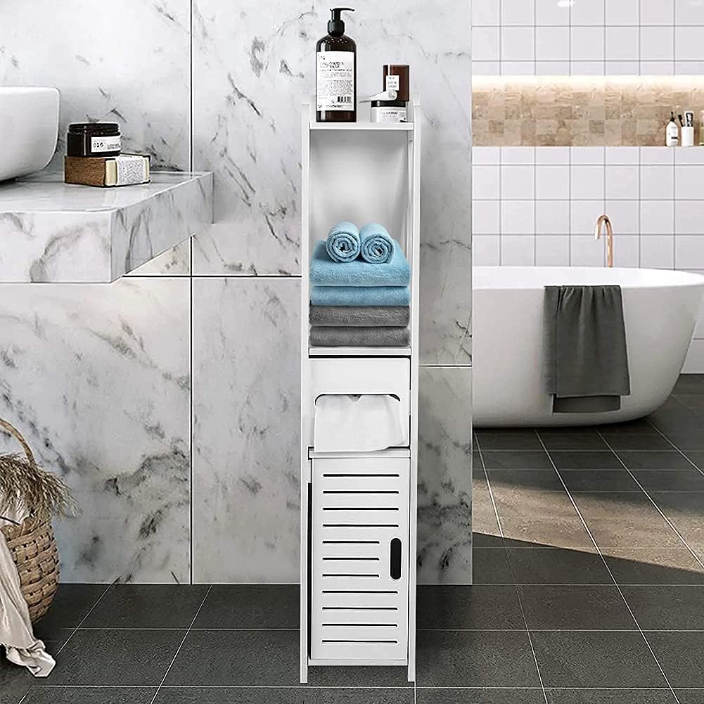 White Bathroom Floor Cabinet Storage Organizer, 31.5 x 6.1 x 5.9 inch R173