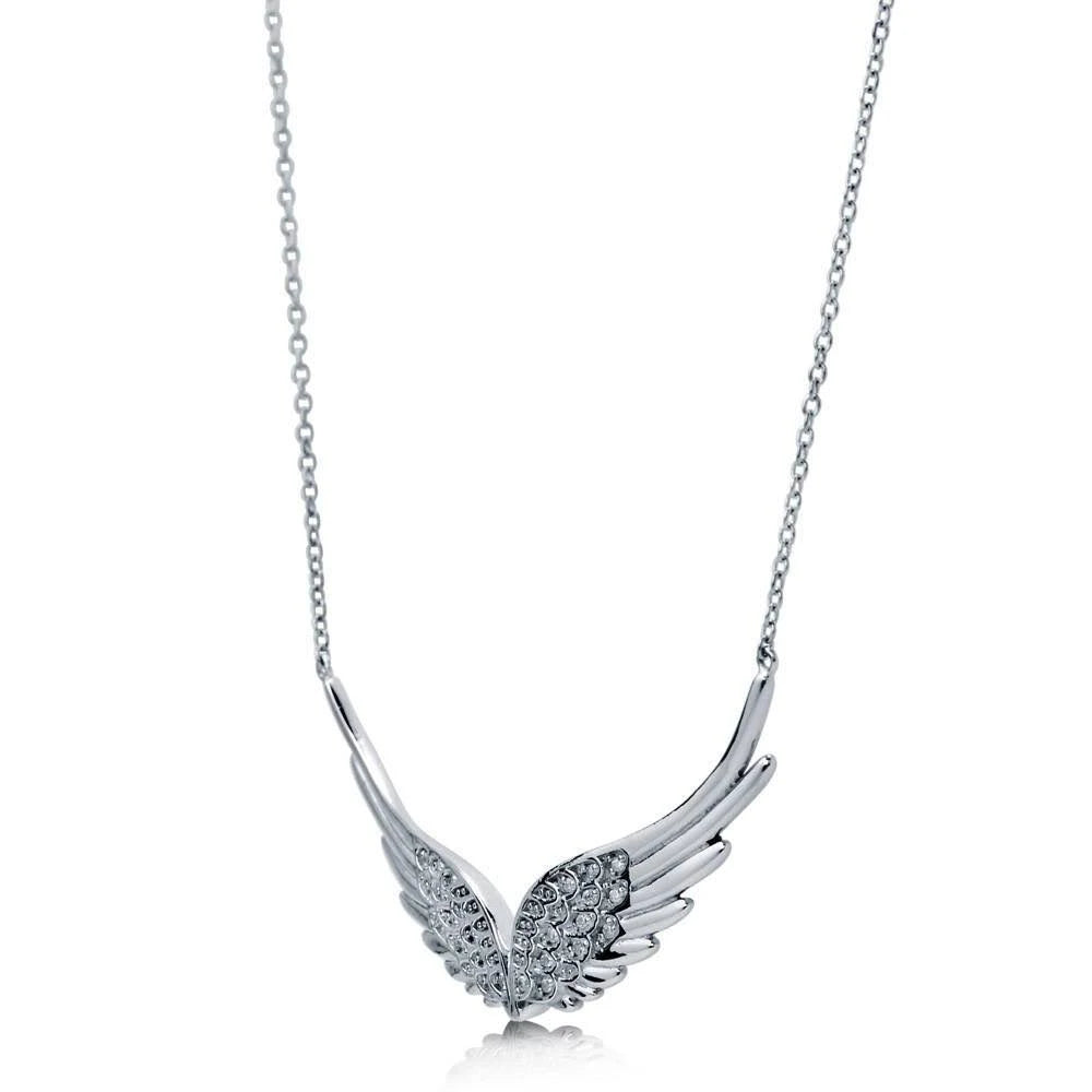 Sterling Silver Cubic Zirconia Angel Wings Pendant Necklace N168546
