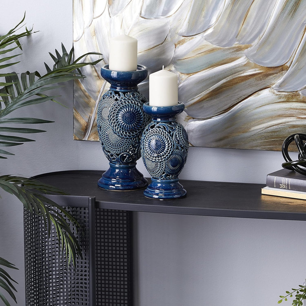 Set of 2 Blue Ceramic Candle Holder O4371