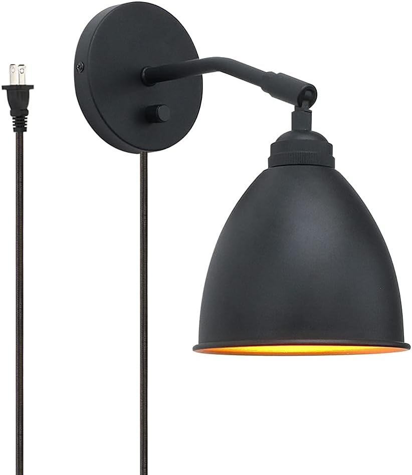 Vintage Plug in Wall Sconce, 1-Light Dimmable Industrial Metal Fixture Lamp with 6.1 Oval Black Metal Shade and 4.7 Black Canopy R674