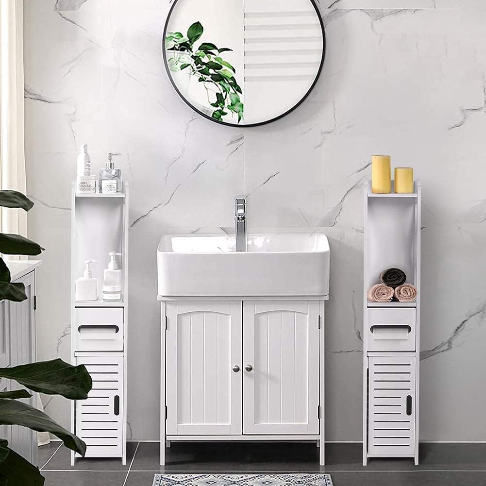 White Bathroom Floor Cabinet Storage Organizer, 31.5 x 6.1 x 5.9 inch R173