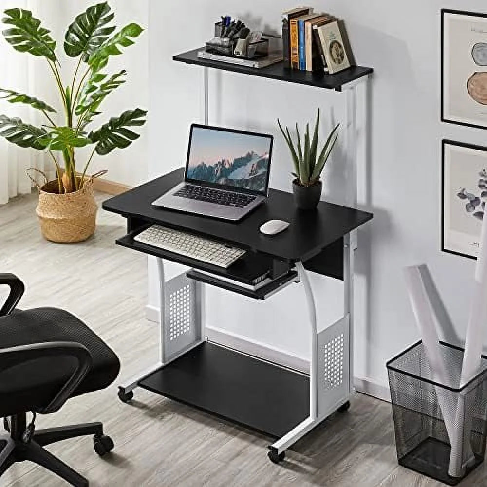 Black 3 Tier Computer Desk with Printer Shelf and Keyboard Tray U25623