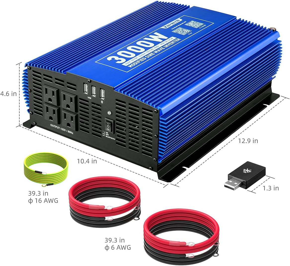 3000W Power Inverter DC12V to 110V AC with 4AC Outlets 2USB Port R3985