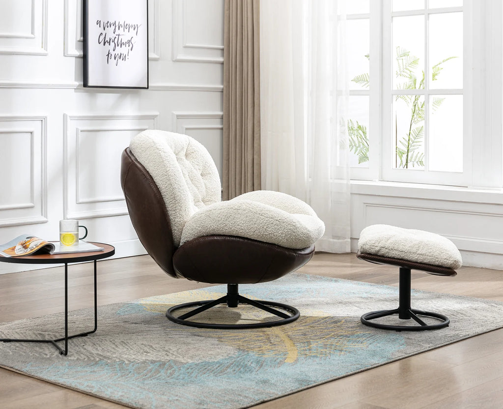 White Faux Fur Swivel Accent Chair with Ottoman O8380