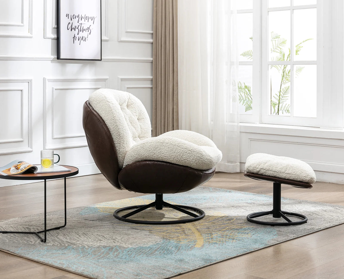 White Faux Fur Swivel Accent Chair with Ottoman O8380