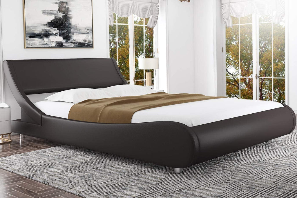 King Size Dark Brown Faux Leather Platform Bed Frame with Adjustable Headboard S10875