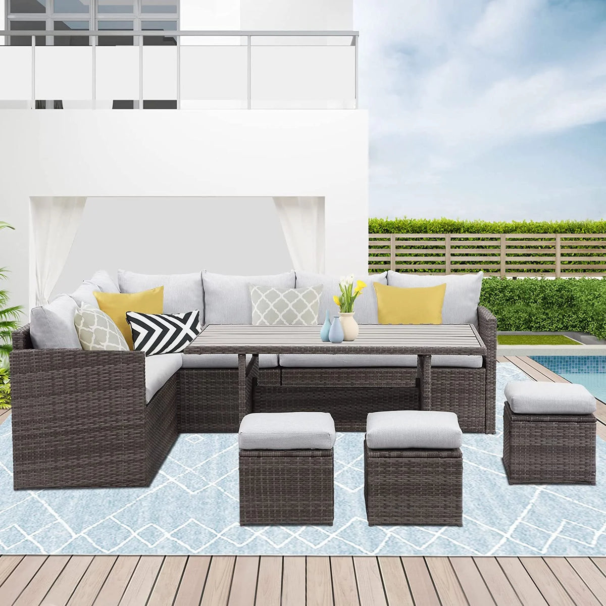 7 Piece Outdoor Dining Sectional Sofa with Dining Table and Chair D49126