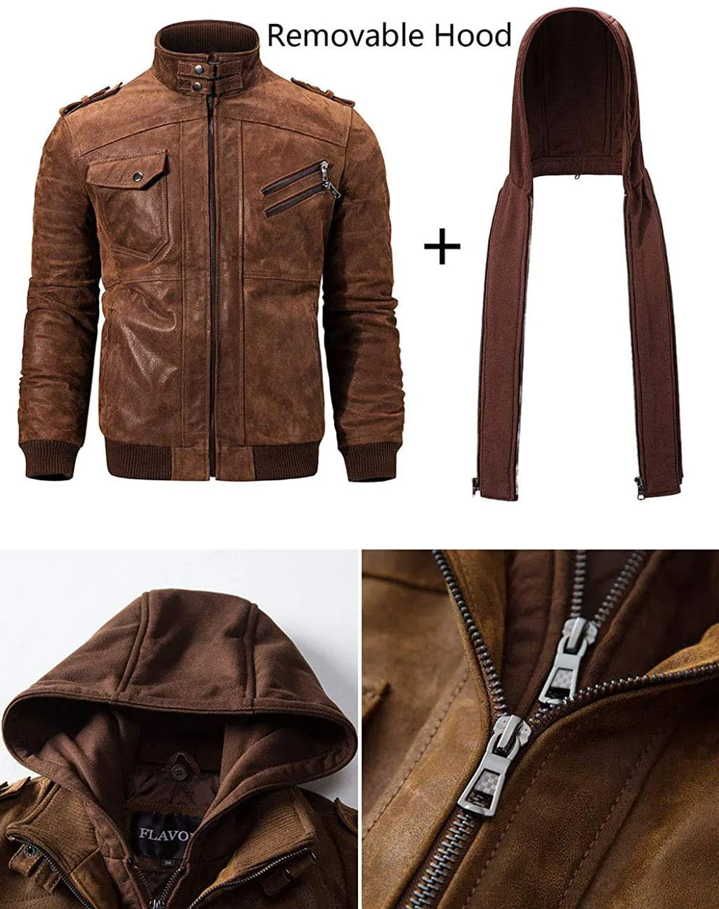 Brown Real Leather Jacket with Removable Hood O534204