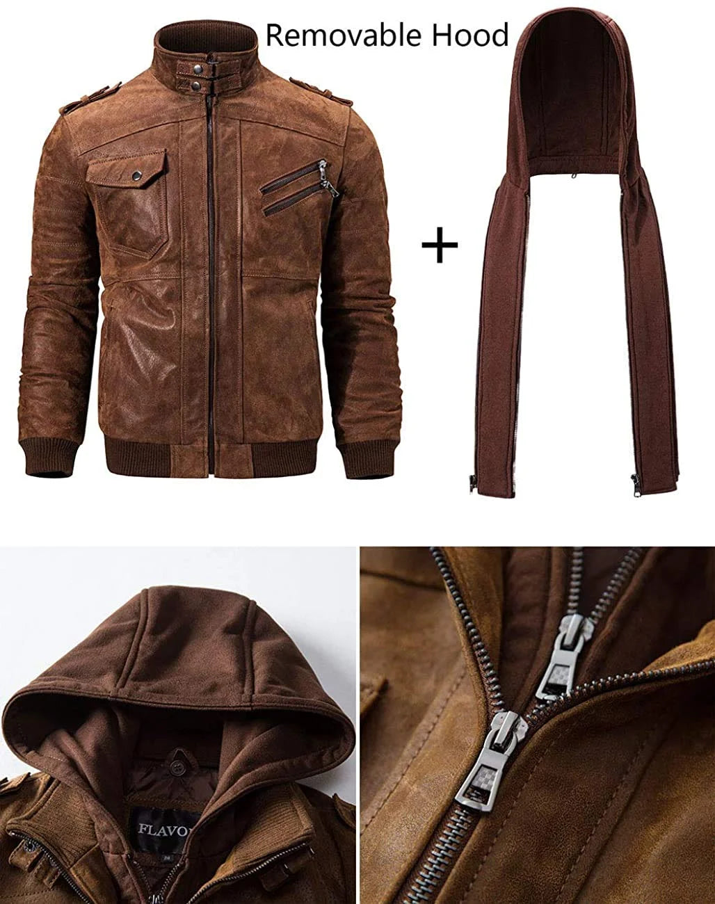 Brown Real Leather Jacket with Removable Hood O534204