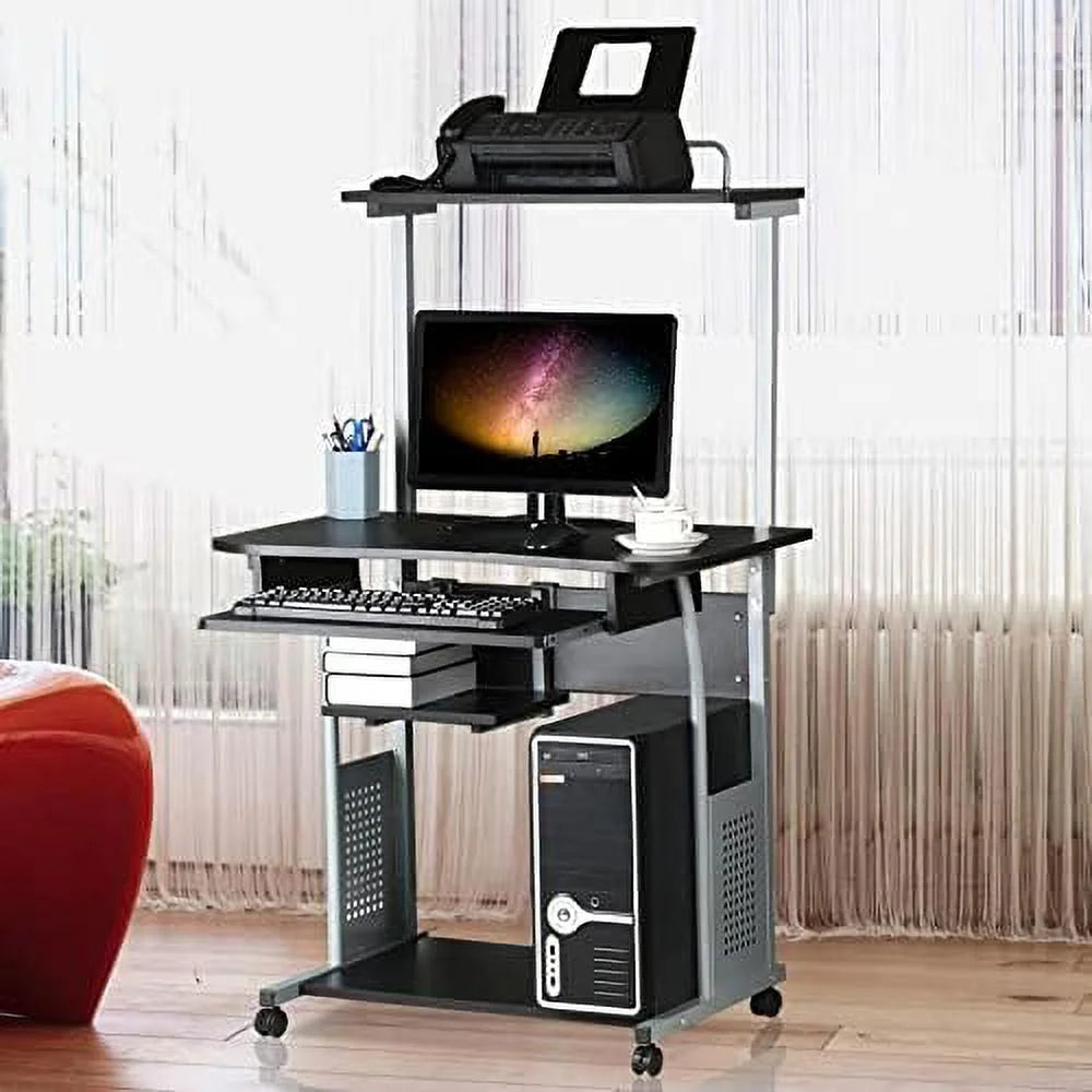 Black 3 Tier Computer Desk with Printer Shelf and Keyboard Tray U25623