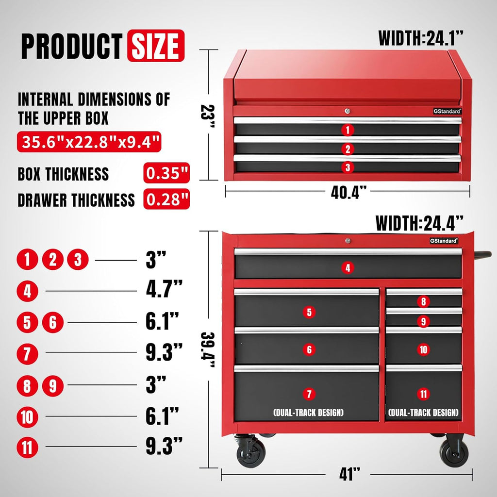 Black/Red 41-Inch 11 Drawers Heavy-Duty Steel Tool Chest and Cabinet S458