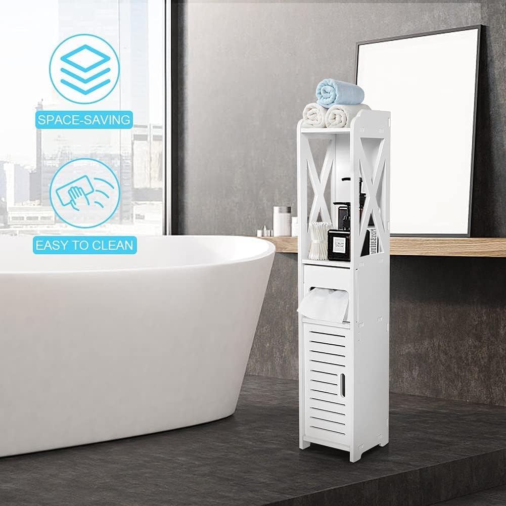 White Bathroom Floor Cabinet Storage Organizer, 31.5 x 6.1 x 5.9 inch R173