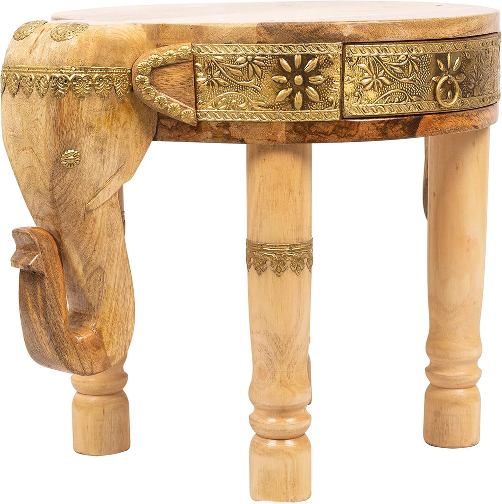 Hand Carved Wooden Elephant Side Table with Brass Accents O422420