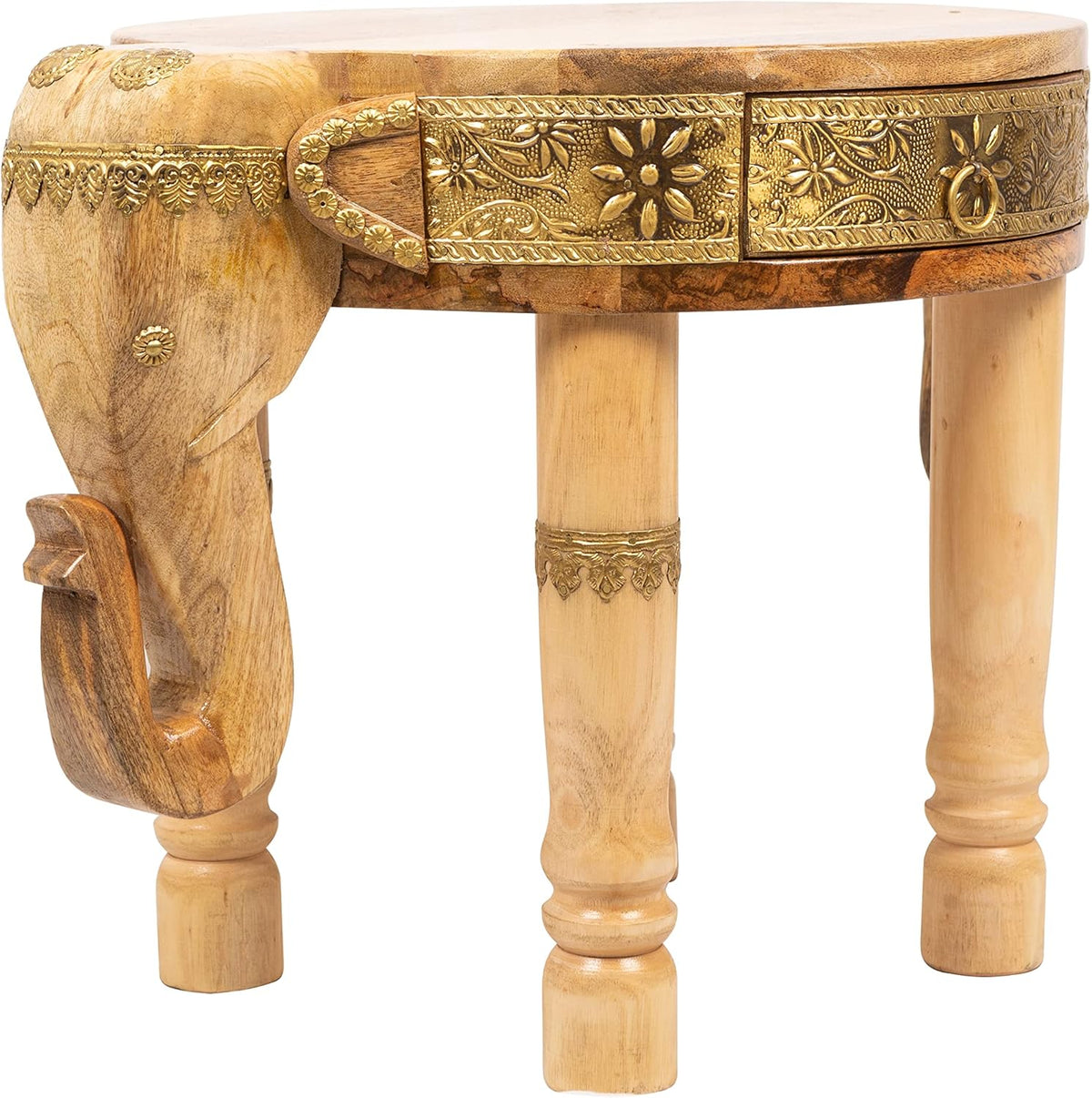 Hand Carved Wooden Elephant Side Table with Brass Accents O422420