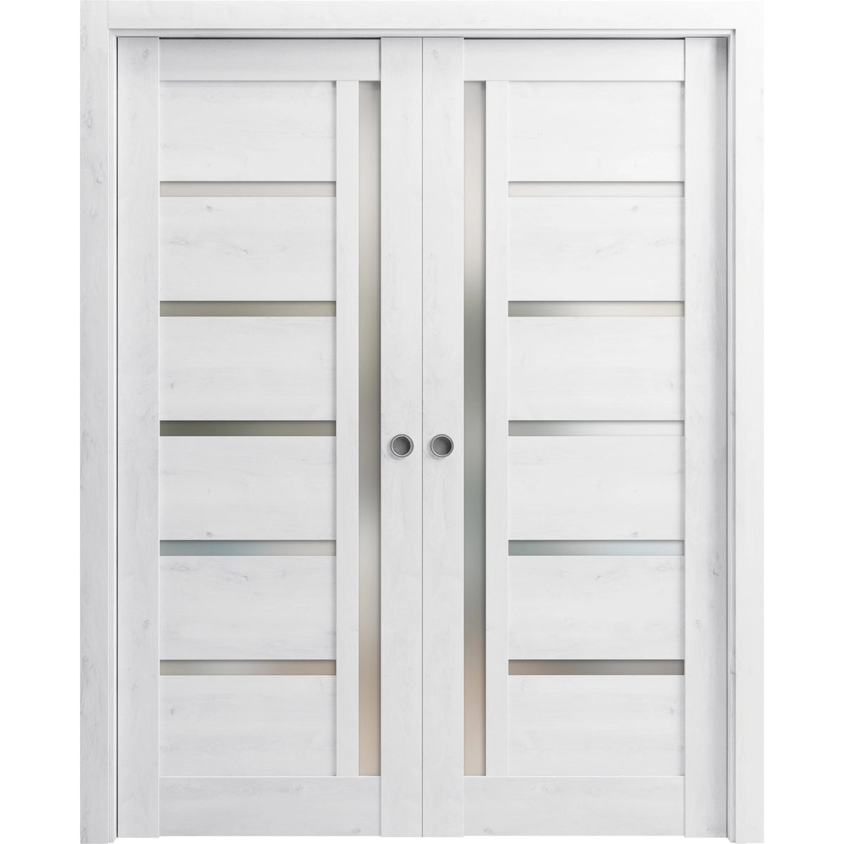 Nordic White Solid Wood Sliding French Double Pocket Doors with Frosted Glass Y64068