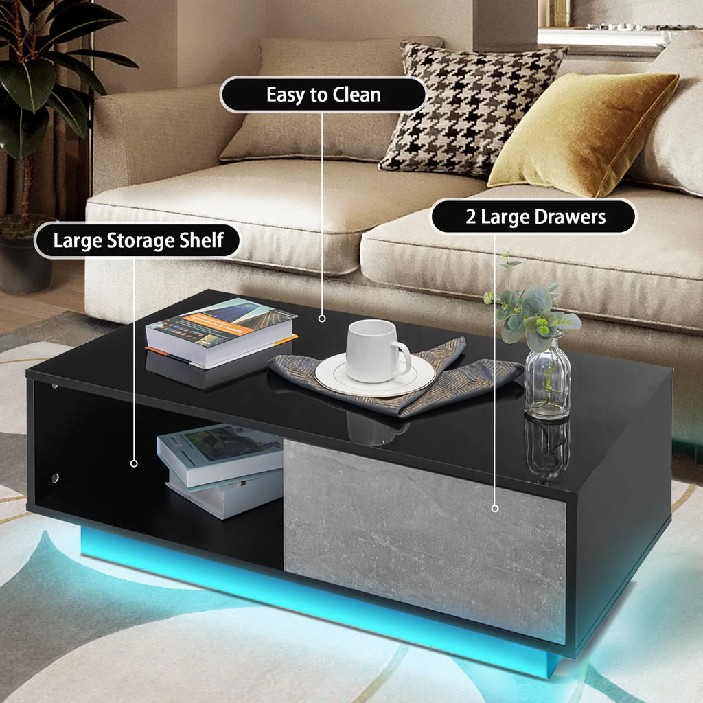 Black High Gloss LED Coffee Table with Drawer J592913