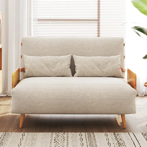 Linen Convertible Chair Bed Sleeper with Wooden Arms W789