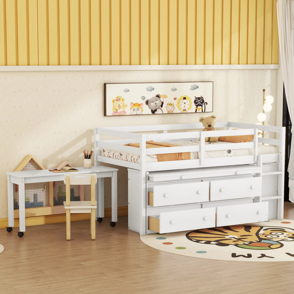 Twin Size White Wood Loft Bed with Desk and 4 Drawers F6363