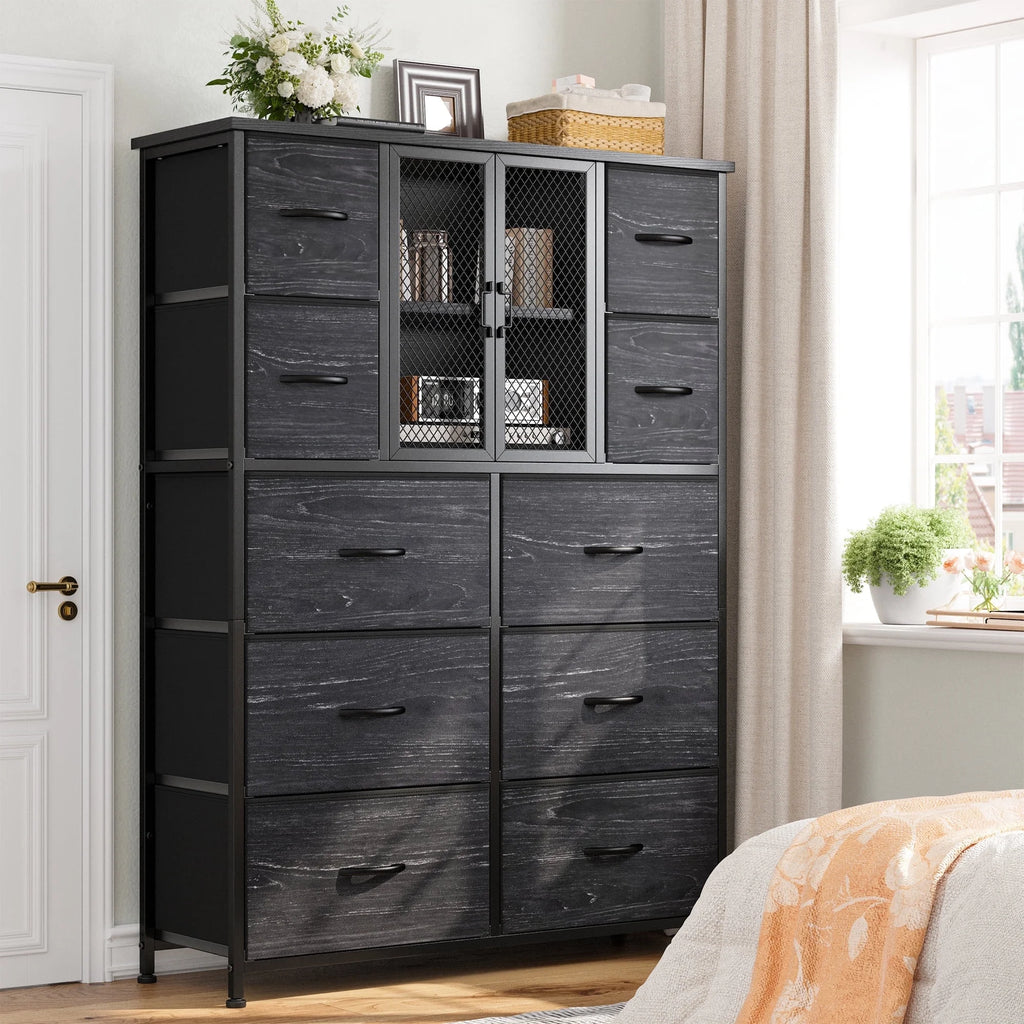 Black 10 Drawer Fabric Dresser with Cabinet L33165