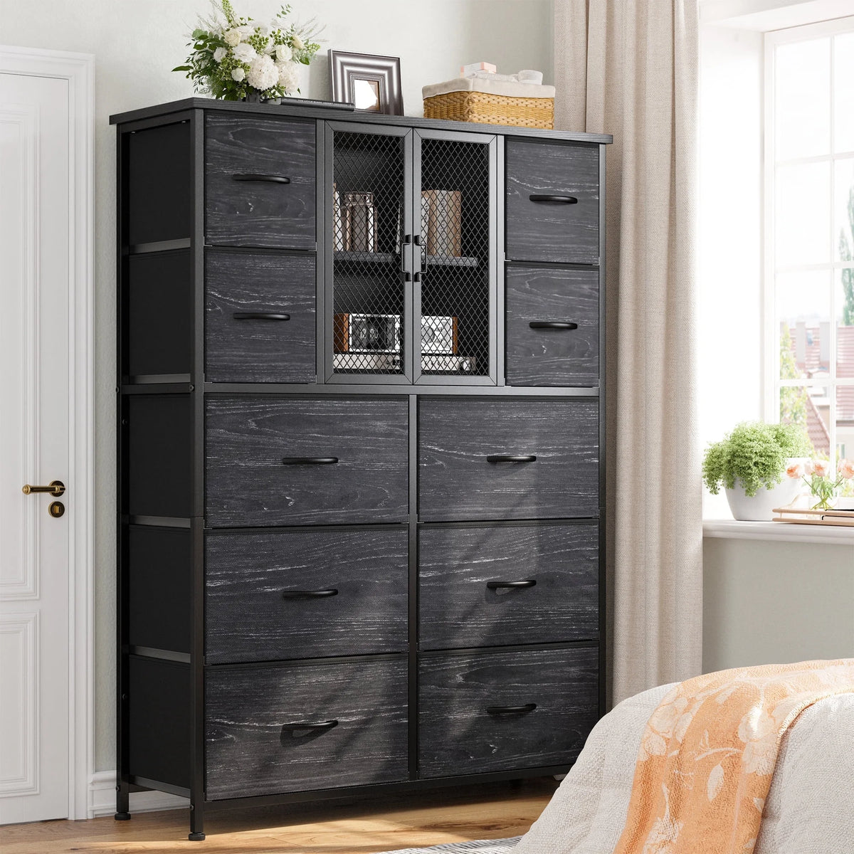Black 10 Drawer Fabric Dresser with Cabinet L33165