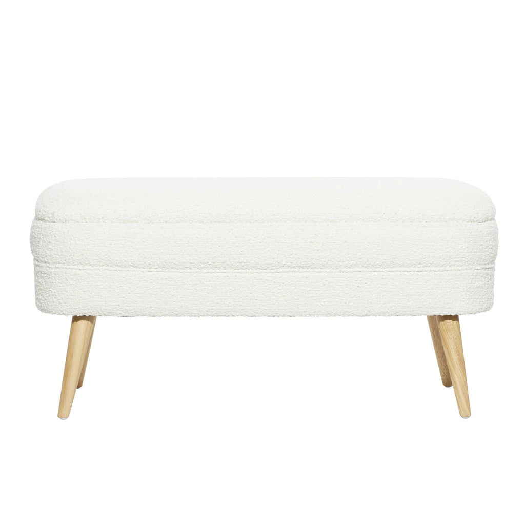White Polyester Boucle Upholstered Storage Bench with Wood Legs O78345