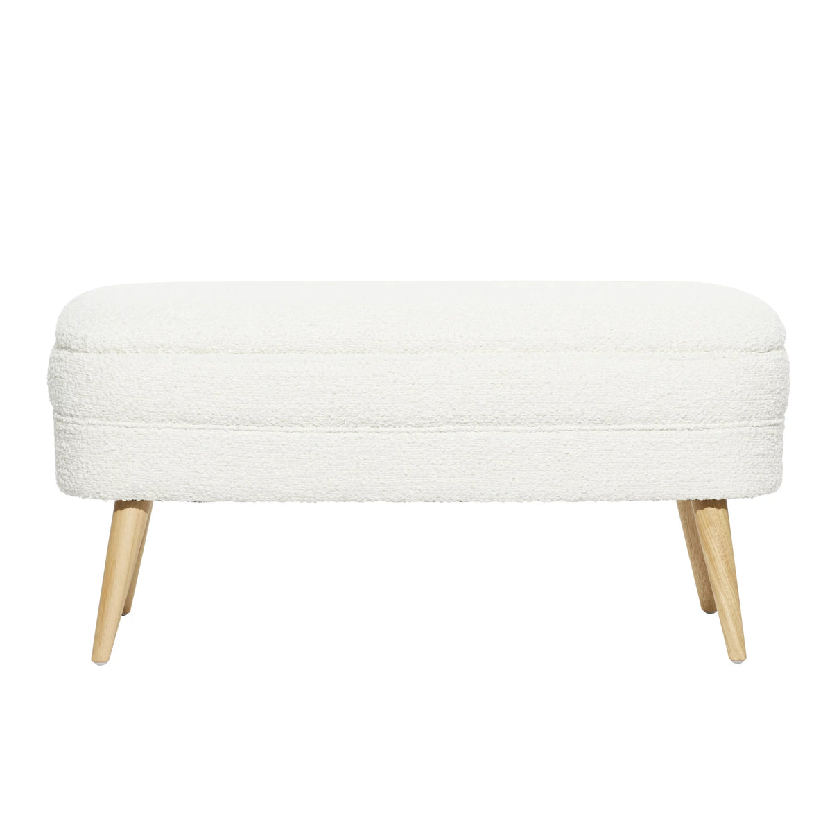 White Polyester Boucle Upholstered Storage Bench with Wood Legs O78345