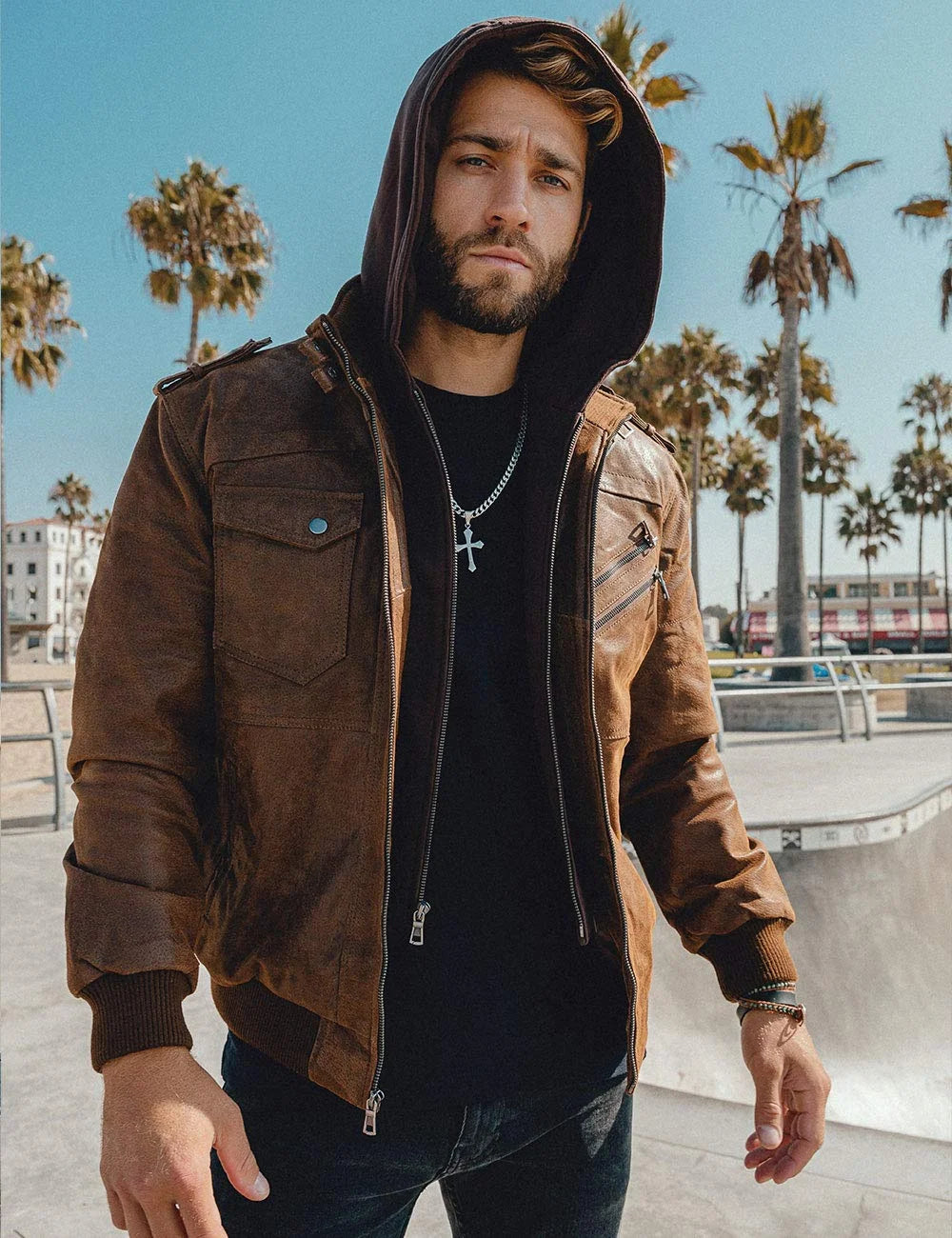 Brown Real Leather Jacket with Removable Hood O534204