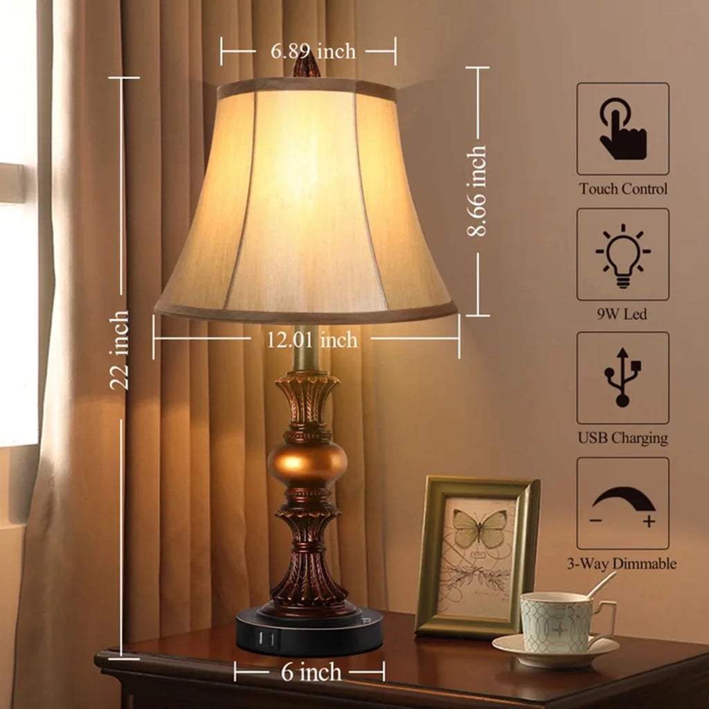 Set of 2 Touch Control 3-Way Dimmable Table Lamps with USB Ports U217