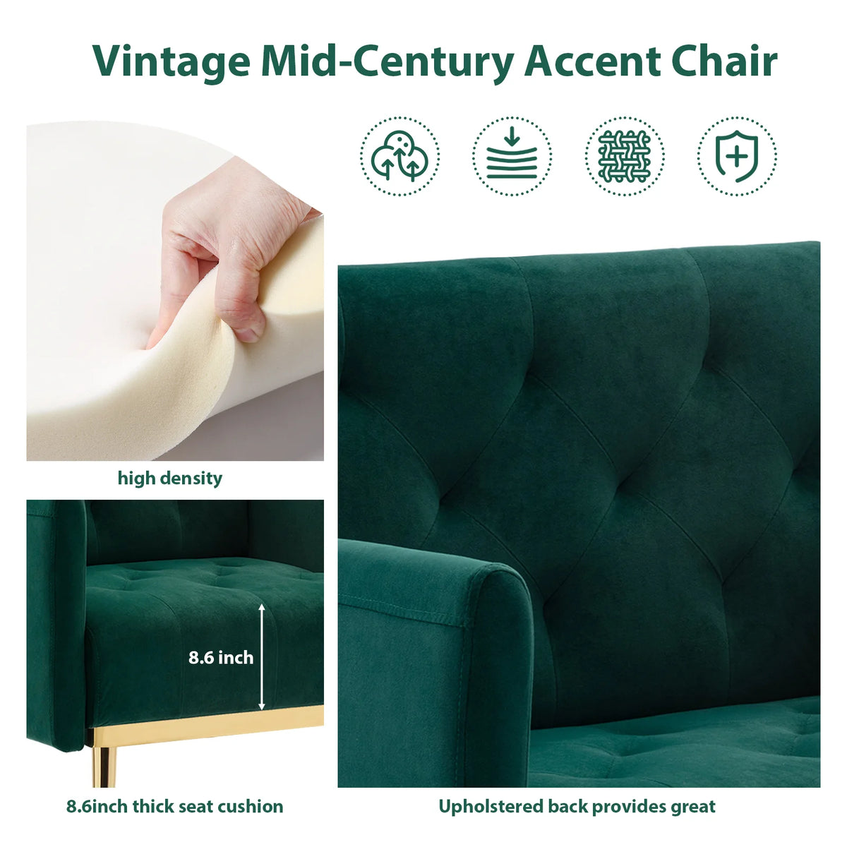 Green Velvet Upholstered Accent Chair with Metal Legs U669