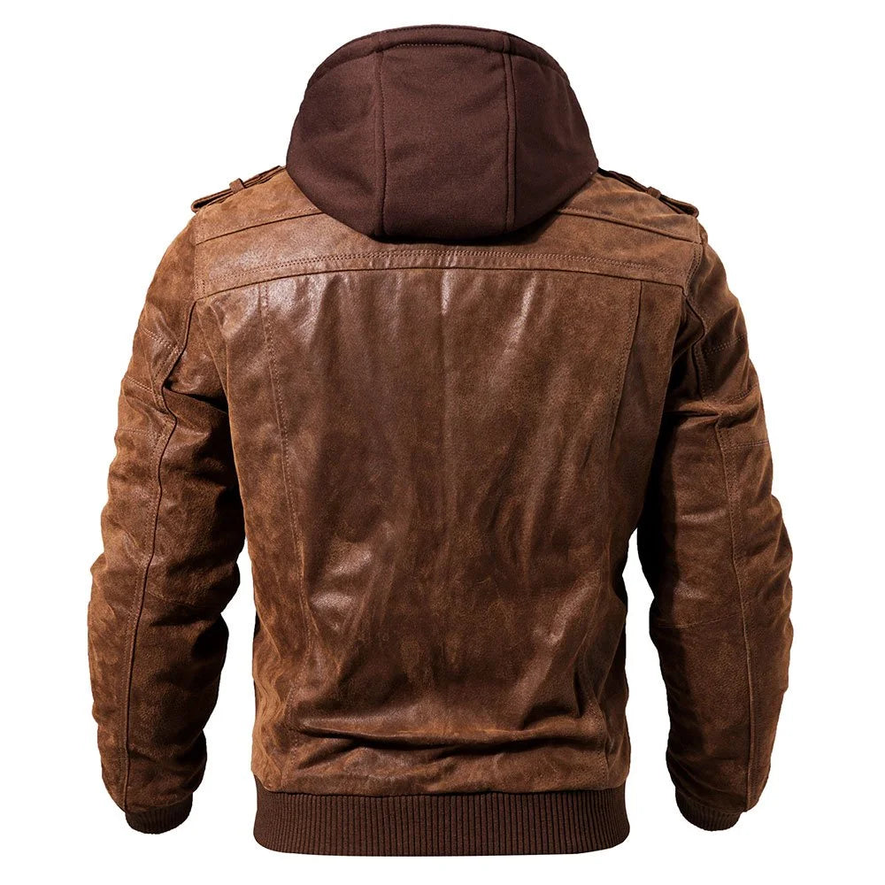 Brown Real Leather Jacket with Removable Hood O534204