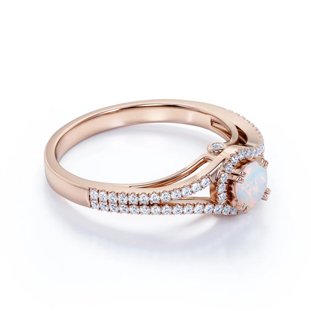 Vintage Blue Fire Opal and Moissanite Birthstone Ring in 18K Rose Gold over Silver I224